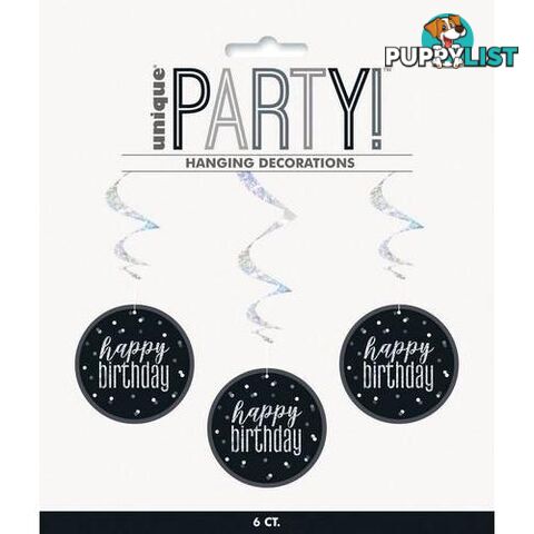 Black & Silver 6 Prismatic Hanging Swirl Decorations 81cm (32) - Happy Birthday - 011179837809