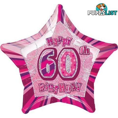 Glitz Pink 60th Birthday Star 50cm (20) Foil Balloon Packaged - 011179551156