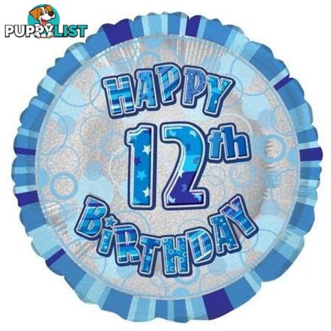 Glitz Blue 12th Birthday Round 45cm (18) Foil Balloon Packaged - 011179556564