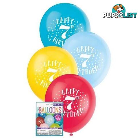 Happy 7th Birthday 8 x 30cm (12) Balloons - Assorted Colours - 011179549375