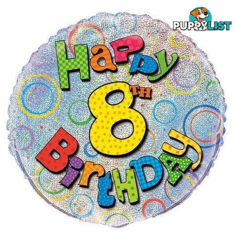 8th Birthday 45cm (18) Foil Prismatic Balloons Packaged - 011179554997