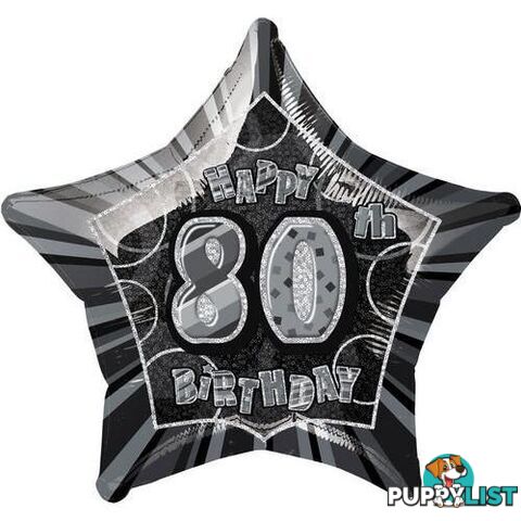 Glitz Black 80th Birithday Star 50cm (20) Foil Balloon Packaged - 011179559350