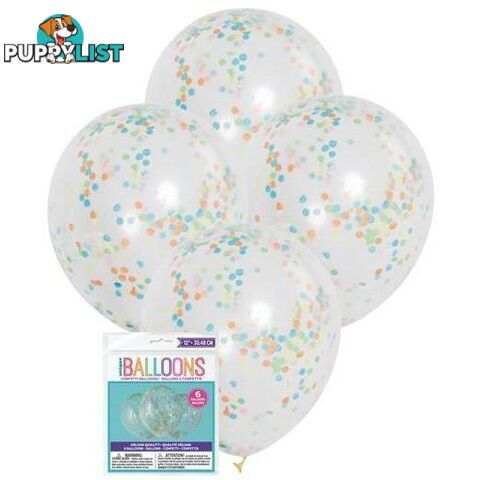 6 x 30.48cm (12) Clear Balloons Prefilled With Multi Coloured Confetti - 011179563982