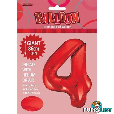 Red 4 Numeral Foil Balloon 86cm (34) - 9311965506041