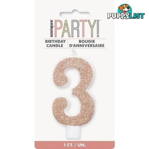 Numeral Candle 3 - Glitter Rose Gold - 011179849734