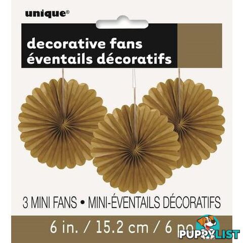 3 Decorative Fans Gold 15cm (6) - 011179632633