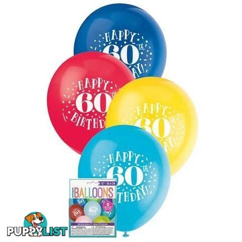 Happy 60th Birthday 8 x 30cm (12) Balloons - Assorted Colours - 011179549467