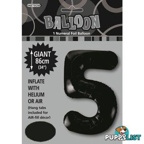 Black 5 Numeral Foil Balloon 86cm (34) - 9311965483052