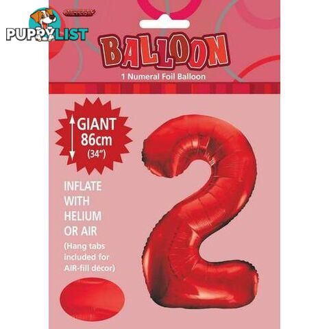 Red 2 Numeral Foil Balloon 86cm (34) - 9311965506027