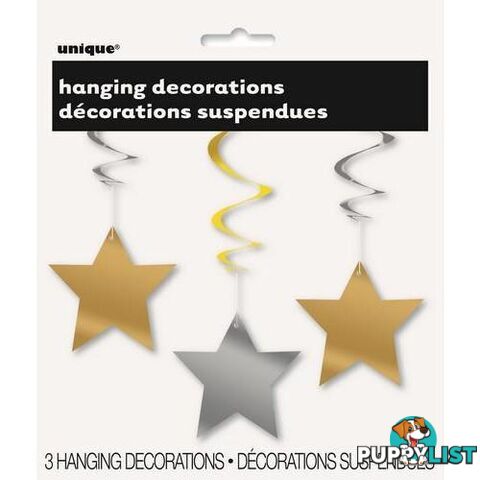 3 Star Swirl Hanging Decorations - Gold & Silver - 011179911868