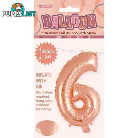 Rose Gold 6 Numeral Foil Balloon 35cm (14) - 9311965428466