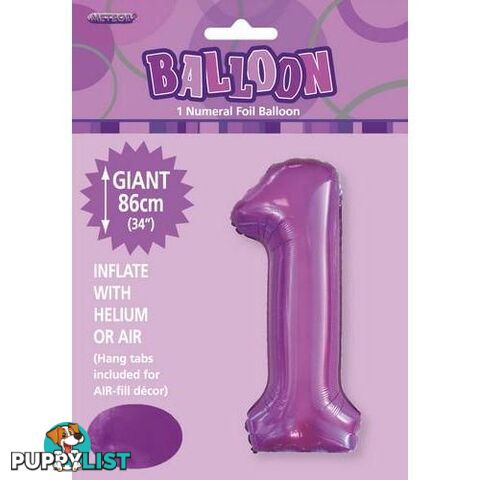 Pretty Purple 1 Numeral Foil Balloon 86cm (34) - 9311965506218