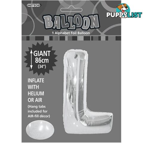 Silver L Alphabet Foil Balloon 86cm (34) - 9311965483519