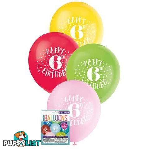 Happy 6th Birthday 8 x 30cm (12) Balloons - Assorted Colours - 011179549368