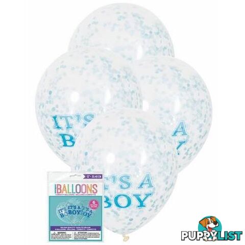 Its A Boy 6 x 30.48cm (12) Clear Balloons Prefilled With Blue Confetti - 011179564071