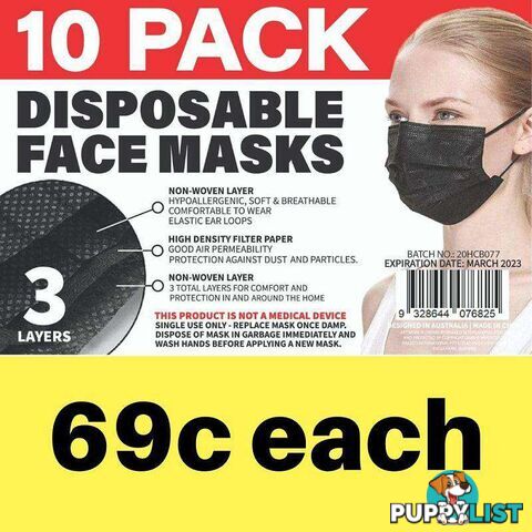 Disposable Adult Face Mask Black 10 PK - 9328644076825