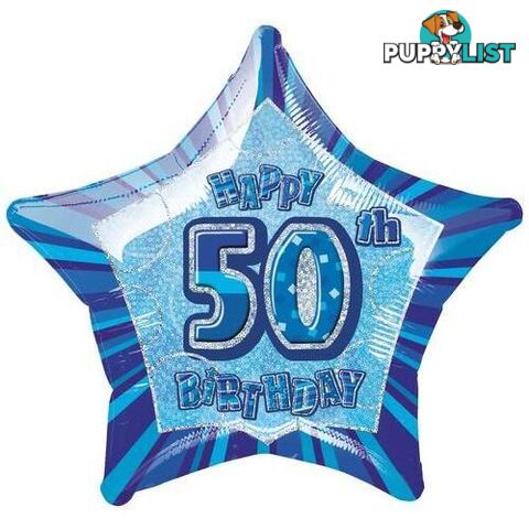 Glitz Blue 50th Birthday Star 50cm (20) Foil Balloon Packaged - 011179551330