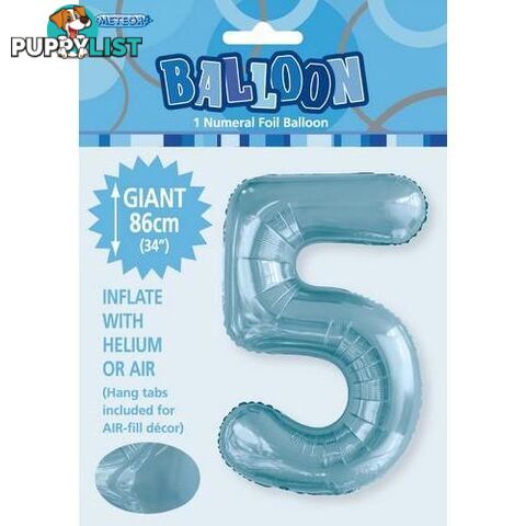 Powder Blue 5 Numeral Foil Balloon 86cm (34) - 9311965506652