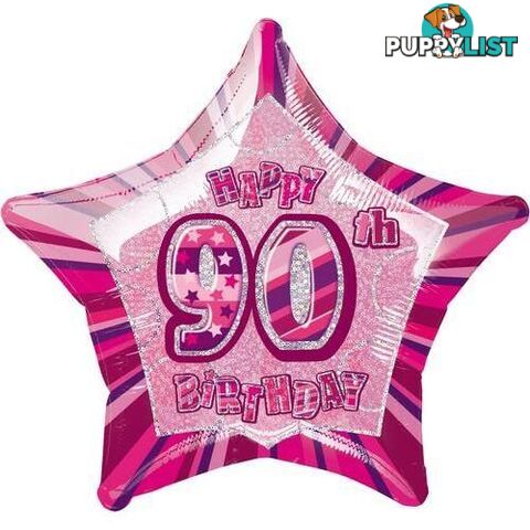 Glitz Pink 90th Birithday Star 50cm (20) Foil Balloon Packaged - 011179553884