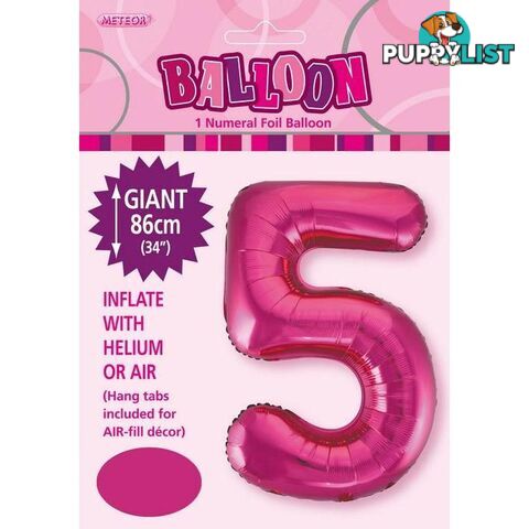 Hot Pink 5 Numeral Foil Balloon 86cm (34) - 9311965483250