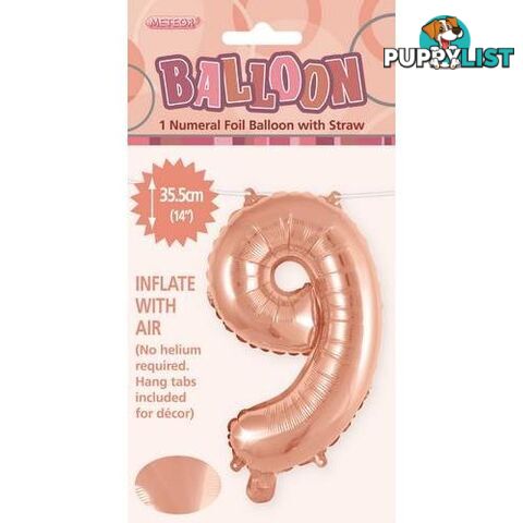 Rose Gold 9 Numeral Foil Balloon 35cm (14) - 9311965428497