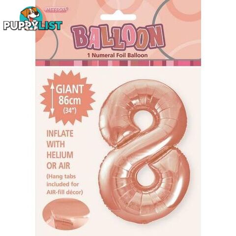 Rose Gold 8 Numeral Foil Balloon 86cm (34) - 9311965506485