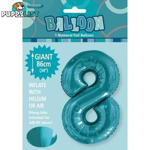 Caribbean Teal 8 Numeral Foil Balloon 86cm (34) - 9311965506386