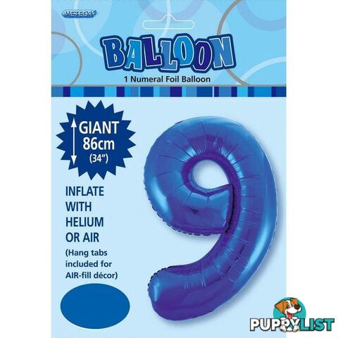 Royal Blue 9 Numeral Foil Balloon 86cm (34) - 9311965483397