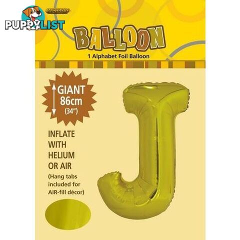 Gold J Alphabet Foil Balloon 86cm (34) - 9311965431695