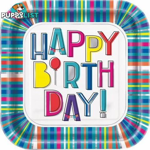 Colourful Birthday 8 x 23cm (9) Foil Stamped Paper Plates - 9311965963639