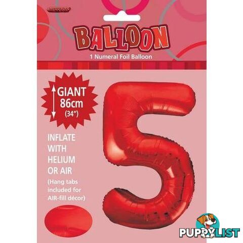 Red 5 Numeral Foil Balloon 86cm (34) - 9311965506058