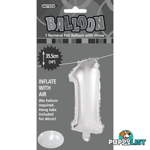 Silver 1 Numeral Foil Balloon 35cm (14) - 9311965428817