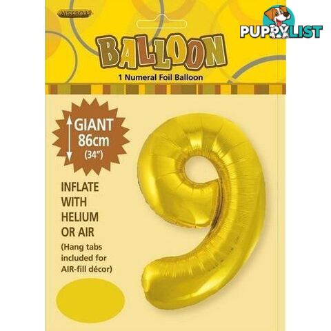 Gold 9 Numeral Foil Balloon 86cm (34) - 9311965483199