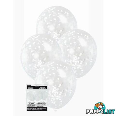 6 x 30cm (12) Clear Balloons With White Confetti - 011179581146