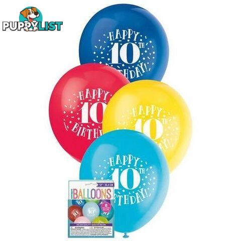 Happy 10th Birthday 8 x 30cm (12) Balloons - Assorted Colours - 011179549405