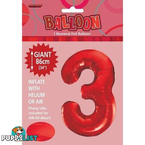 Red 3 Numeral Foil Balloon 86cm (34) - 9311965506034