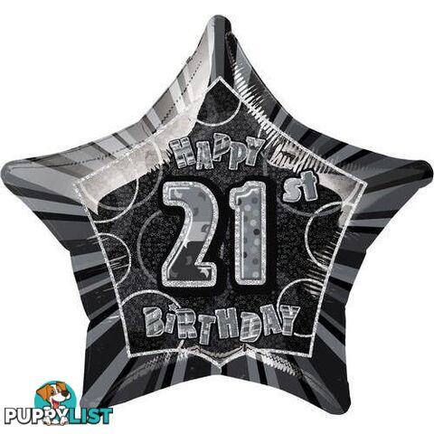 Glitz Black And Silver 21st Birthday Star 50cm (20) Foil Balloon Packaged - 011179551477