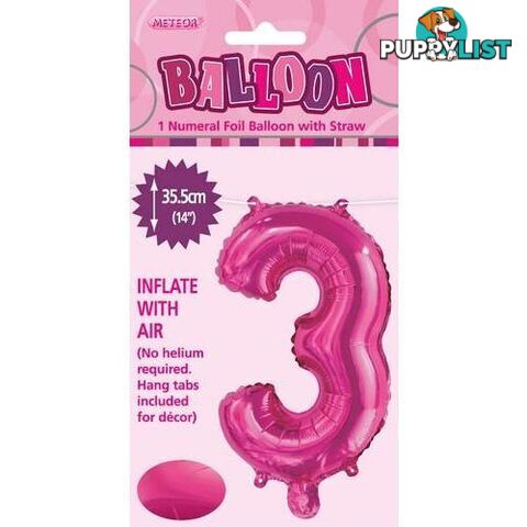 Hot Pink 3 Numeral Foil Balloon 35cm (14) - 9311965429036