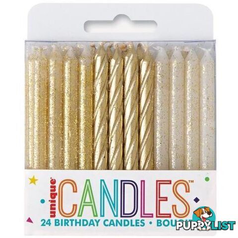 24 Gold & Gold Glitter Assorted Spiral Candles - 011179199761