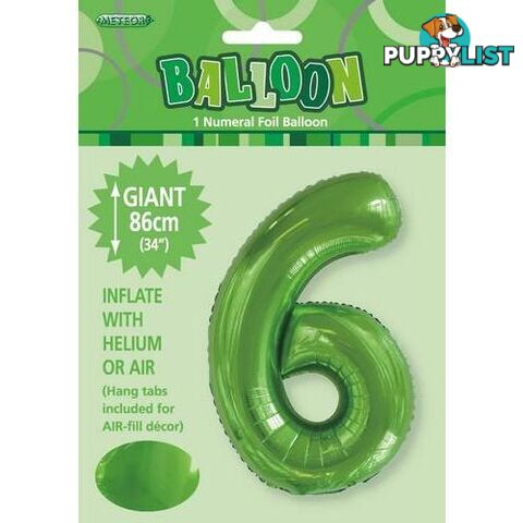 Lime Green 6 Numeral Foil Balloon 86cm (34) - 9311965506164