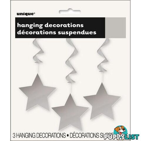 3 Star Hanging Swirl Decorations Silver 90cm L (36) - 011179691289