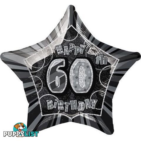 Glitz Black And Silver 60th Birthday Star 50cm (20) Foil Balloon Packaged - 011179551552