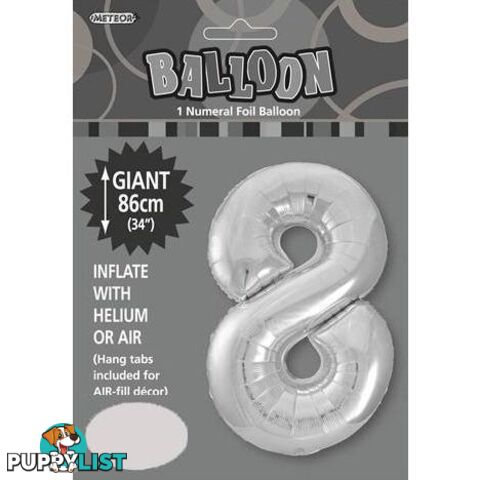 Silver 8 Numeral Foil Balloon 86cm (34) - 9311965482987