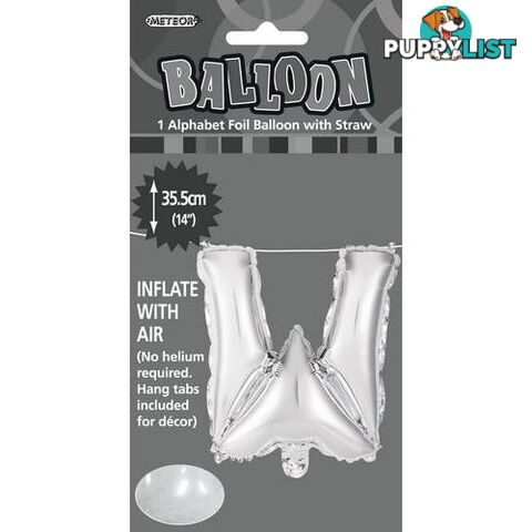 Silver W Alphabet Foil Balloon 35cm (14) - 9311965447023