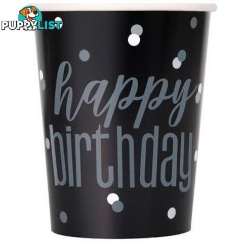 Black And Silver Happy Birthday 8 x 270mL (9oz) Paper Cups - 011179835881