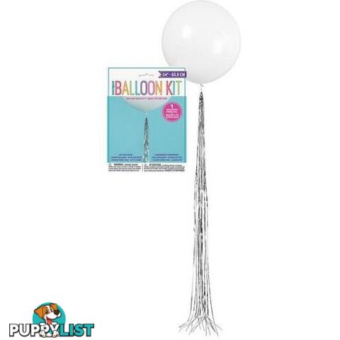 White 60.9cm (24) Latex Balloon With Silver Tassel - 011179546107