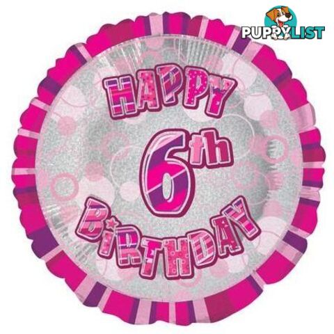 Glitz Pink 6th Birthday Round 45cm (18) Foil Balloon Packaged - 011179556366