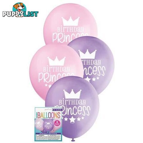 Birthday Princess 8 x 30cm (12) Balloons - Lovely Pink & Pretty Purple - 011179549214