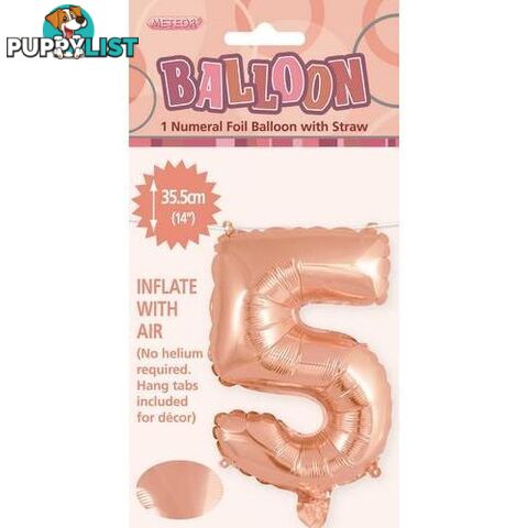 Rose Gold 5 Numeral Foil Balloon 35cm (14) - 9311965428459