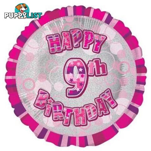 Glitz Pink 9th Birthday Round 45cm (18) Foil Balloon Packaged - 011179556397